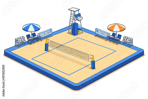 Isometric view of a professional beach volleyball court with amenities and equipment