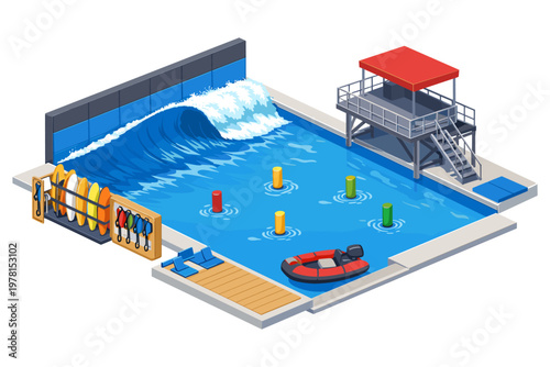 Isometric wave pool with surfboards, rescue boat, and observation tower