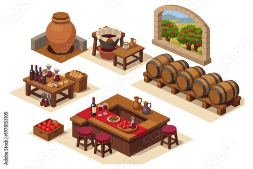 Isometric winery scene showing wine production and tasting area with barrels and grapes