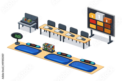 Speedcubing competition setup with timers, puzzles, and scoreboard