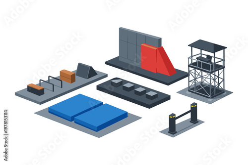 Isometric parkour obstacles and training elements on a white background