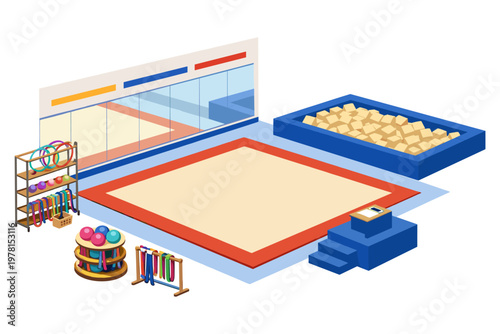 Gymnastics training area with equipment for rhythmic and artistic disciplines
