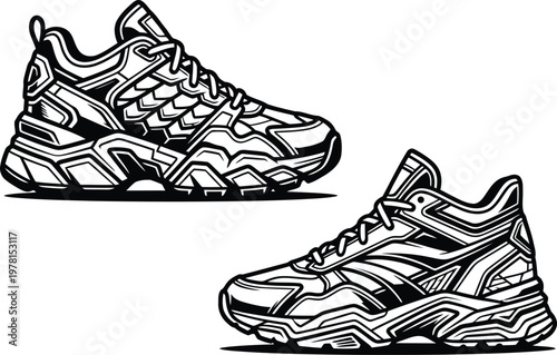 Two dynamic black and white athletic shoes with intricate details, perfect for modern sports design concepts.