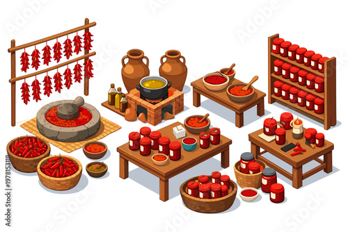 Traditional chili pepper processing and preservation methods displayed in isometric view