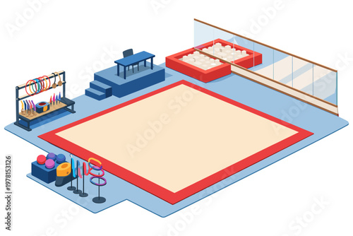 Gymnastics training area with equipment and competition mat