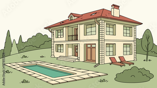 Vector illustration of a country villa with a swimming pool. Detailed architecture, terrace, and garden. Isolated on a white background. For real estate agents, tourism, and websites.