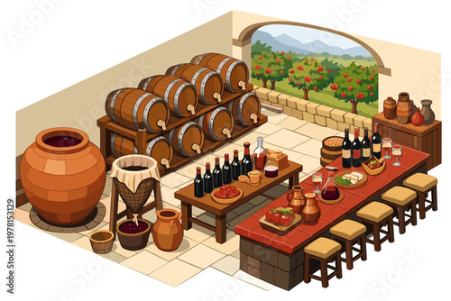 Traditional wine cellar with barrels, fermentation vat, and tasting area