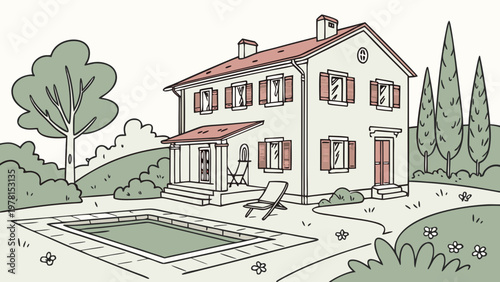 Vector illustration of a country villa with a swimming pool. Detailed architecture, terrace, and garden. Isolated on a white background. For real estate agents, tourism, and websites.