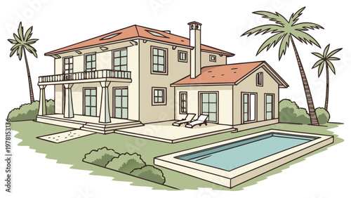 Vector illustration of a country villa with a swimming pool. Detailed architecture, terrace, and garden. Isolated on a white background. For real estate agents, tourism, and websites.