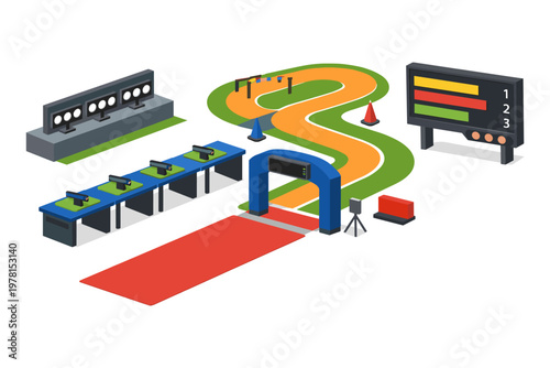 Isometric illustration of a sports competition setup with track and shooting range