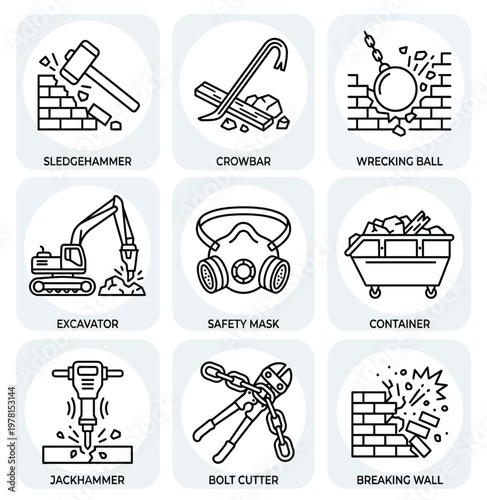 Collection of construction and demolition tools and equipment icons.