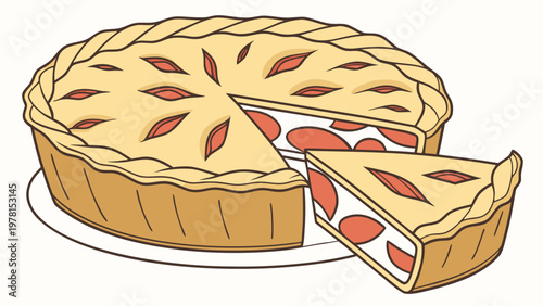 Vector illustration of an apple pie with a lattice made of dough, on a white background. For menus, advertisements, and culinary websites, posters, social media, and bakery design.