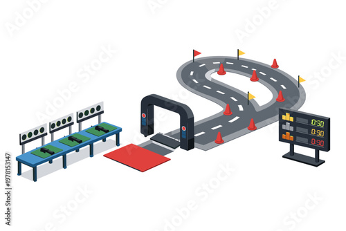 Isometric racing track setup with start gate, targets, and scoreboard