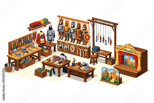 Medieval workshop crafting armor, puppets, and stage props for historical reenactments