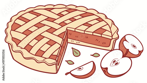 Vector illustration of an apple pie with a lattice made of dough, on a white background. For menus, advertisements, and culinary websites, posters, social media, and bakery design.