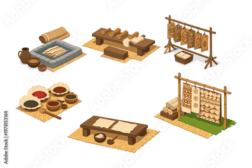 Traditional textile dyeing and weaving process illustrated with isometric elements