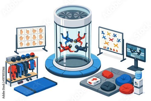 Indoor skydiving training facility with wind tunnel and gear