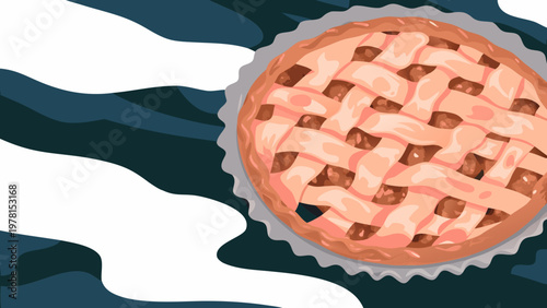 Vector illustration of an apple pie with a lattice made of dough, on a white background. For menus, advertisements, and culinary websites, posters, social media, and bakery design.
