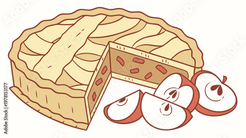 Vector illustration of an apple pie with a lattice made of dough, on a white background. For menus, advertisements, and culinary websites, posters, social media, and bakery design.