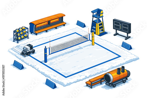 Isometric illustration of a beach volleyball court with all necessary equipment and facilities