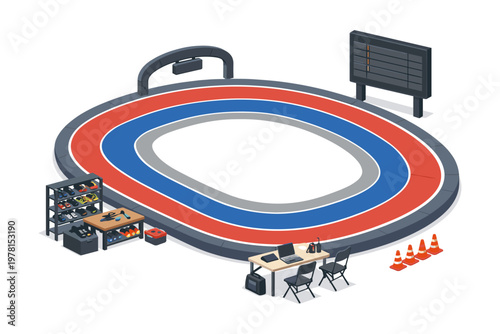 Isometric stadium track with equipment and scoreboard for athletic events