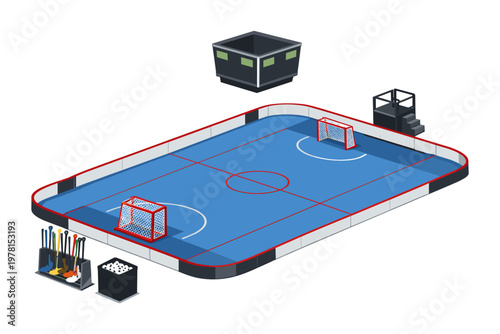 Isometric view of a hockey rink with nets, sticks, and pucks