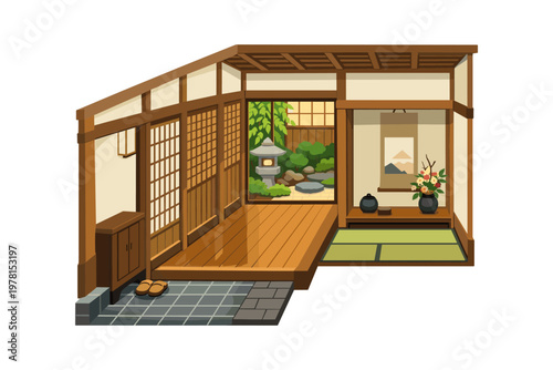 Traditional Japanese room with garden view and tatami mats
