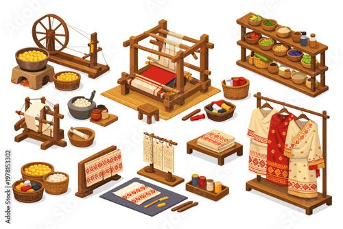 Traditional textile production and clothing display with looms and spinning wheels