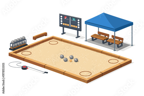 Outdoor pétanque court with balls, scoreboard, and seating under a canopy