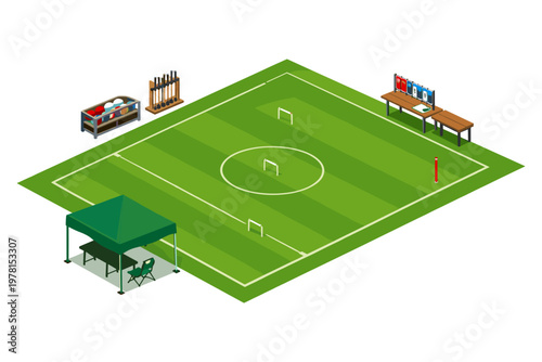 Isometric croquet court setup with equipment and seating area