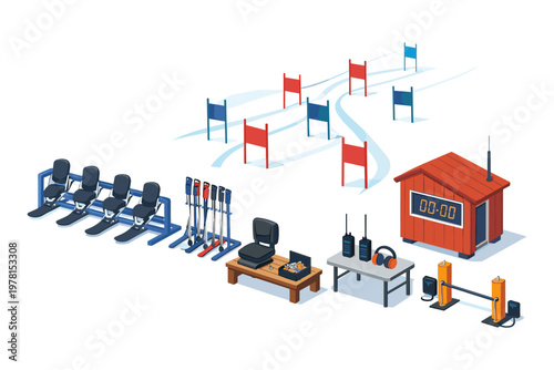Winter sports competition setup with ski gates, timing equipment, and seating