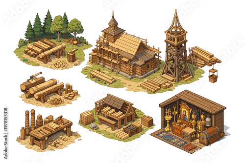 Isometric medieval village construction scene with log cabins and tools