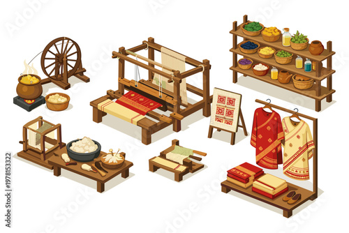 Traditional textile production process with looms, spinning wheel, and dyed fabrics