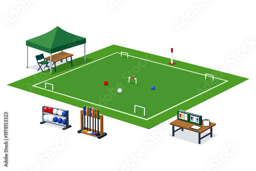 Isometric croquet court setup with equipment and scoring table
