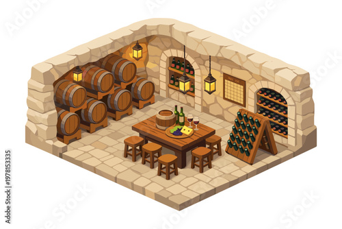 Cozy wine cellar with barrels, bottles, and tasting table for an immersive experience
