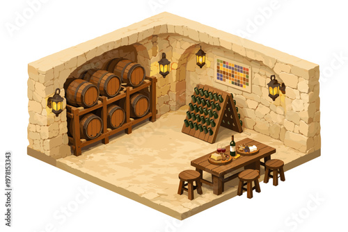 Cozy wine cellar with barrels, bottles, and tasting table for a delightful experience