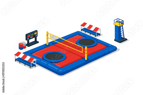 Inflatable trampoline park with volleyball net and spectator seating