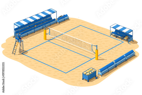 Isometric beach volleyball court with referee stand, net, and spectator seating