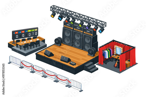 Isometric concert stage setup with backstage area, sound system, and audience barriers