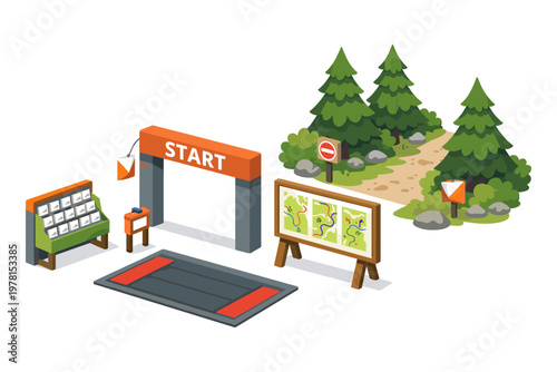 Orienteering start line setup with maps, flags, and forest path illustration