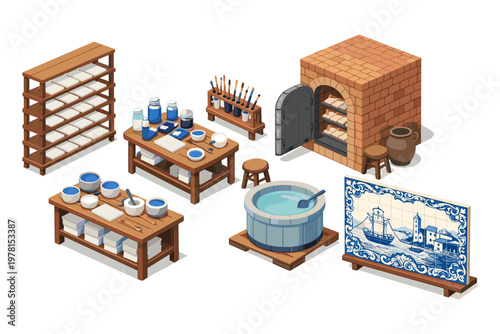 Artisan workshop setup for pottery and tile making with kiln and tools