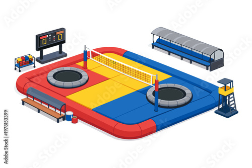 Isometric view of a unique trampoline volleyball court with colorful playing area and amenities