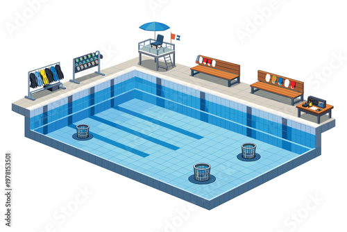 Isometric swimming pool with lifeguard station, benches, and equipment rack