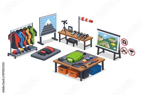 Outdoor adventure gear and equipment laid out for preparation and planning