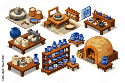 Isometric pottery workshop with tools, kiln, and finished ceramic pieces