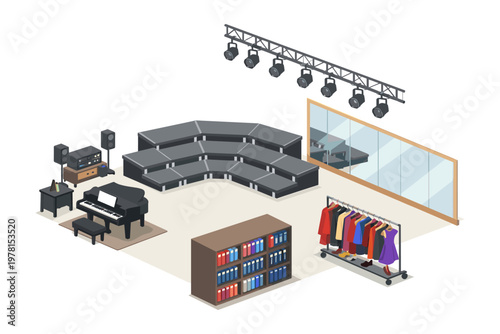 Isometric view of a rehearsal room with stage, piano, and costume rack