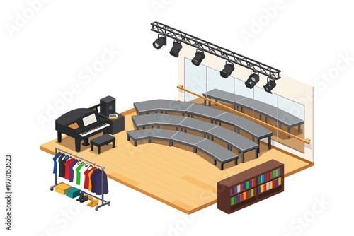 Isometric view of a performing arts studio with piano, stage, and seating