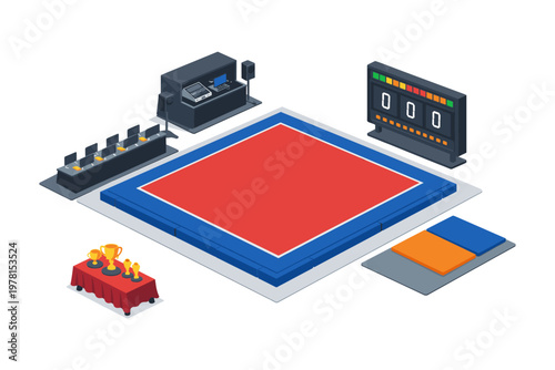 Isometric view of a martial arts competition arena with trophies and scoreboard