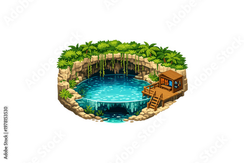 Tropical cenote with wooden deck and diving gear storage for adventure