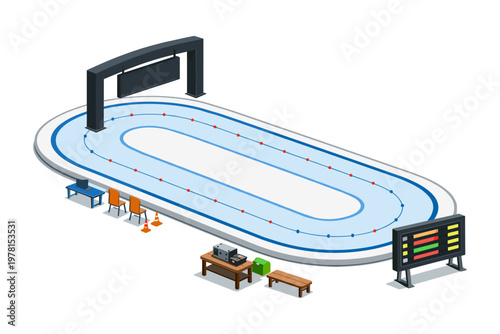 Isometric speed skating rink with digital scoreboard and equipment for competition